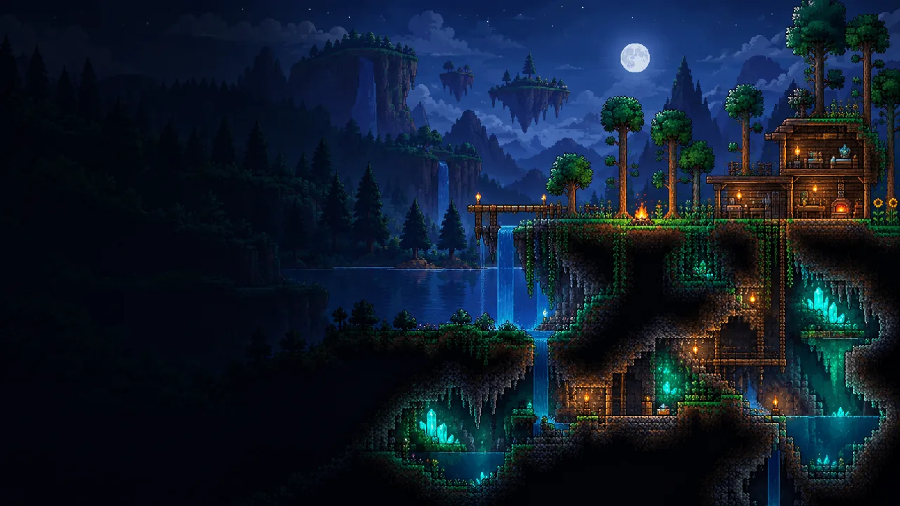 Ilustração em pixel art inspirada em Terraria, com floresta e cavernas iluminadas